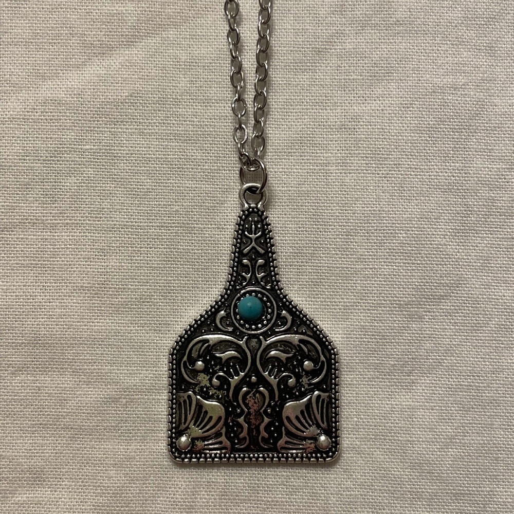 Silver Cow Tag Necklace with Faux Turquoise Stone - Picture 5 of 9